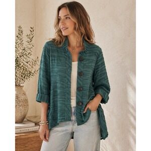 IC by Connie K Green Textured Tunic Top Womens M Button Front Lagenlook